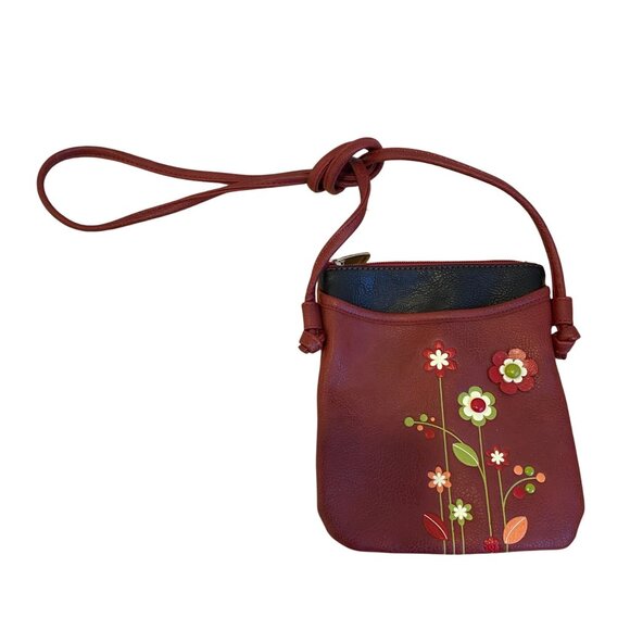 Espe Red Floral Vegan Leather Mini Crossbody Bag With spaghetti Strap & Top Zipp - Picture 1 of 11